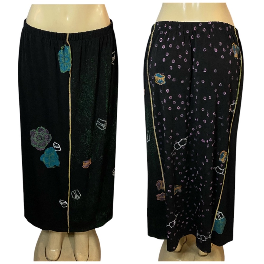 JG'S Mad Lab Black Art Hand Painted Lagenlook Maxi Skirt Size Large Low Waist